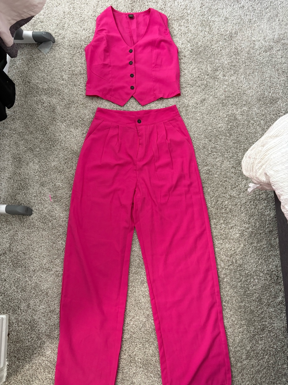 SHEIN Hot Pink High-Waist Wide-Leg Pants with Matching Button Vest